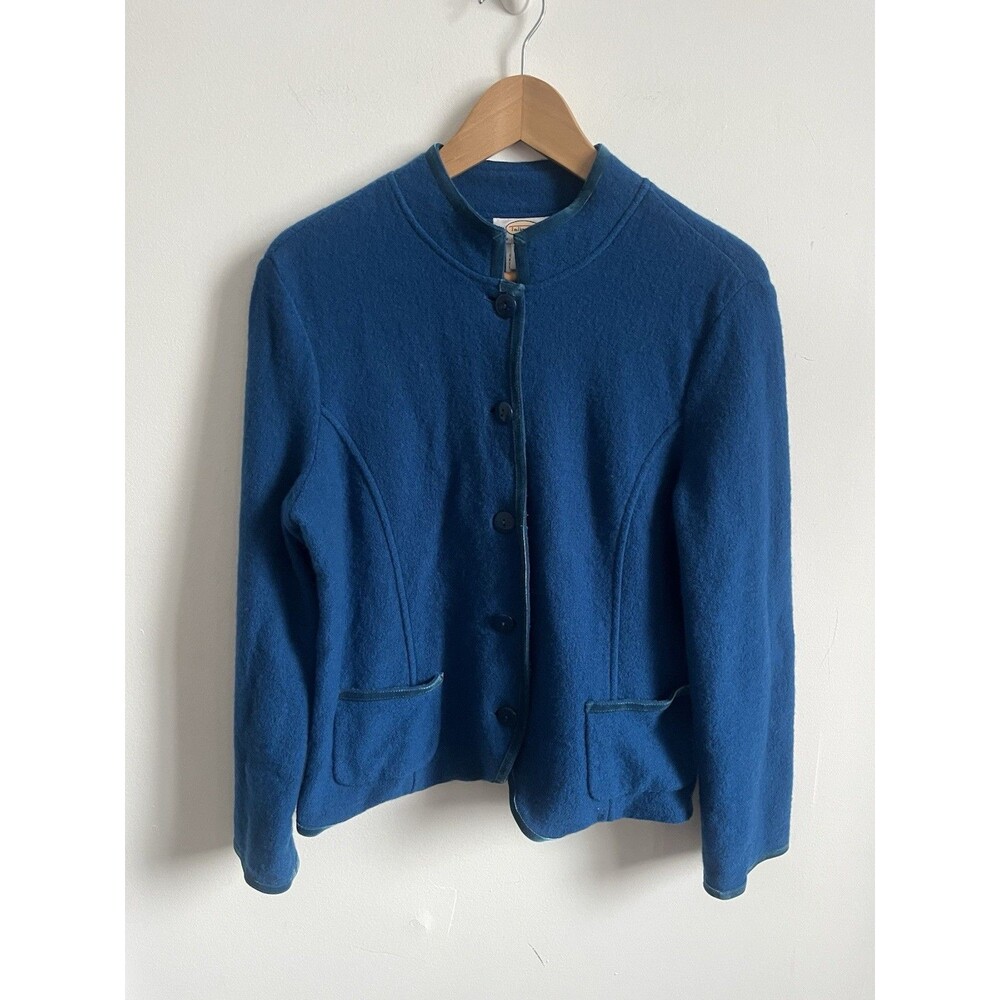 Talbots Blue 100% Merino Wool Sweater Blazer Jacket Petite Large W Velvet Trim